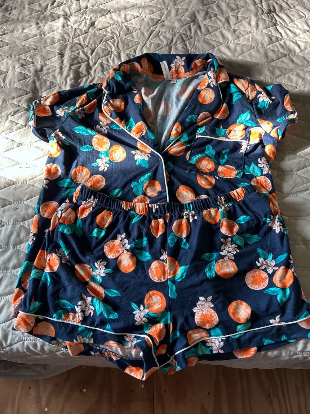 Women’s Navy Orange-Print Short PJ Set